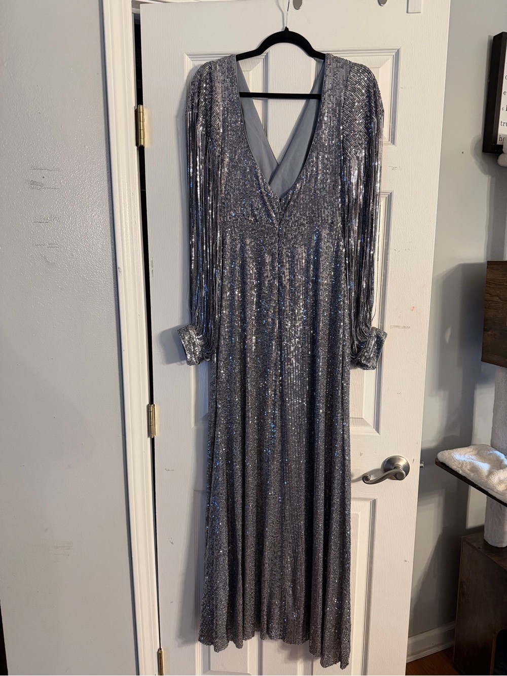 Silver Sequin Fringe Gown with Deep V
